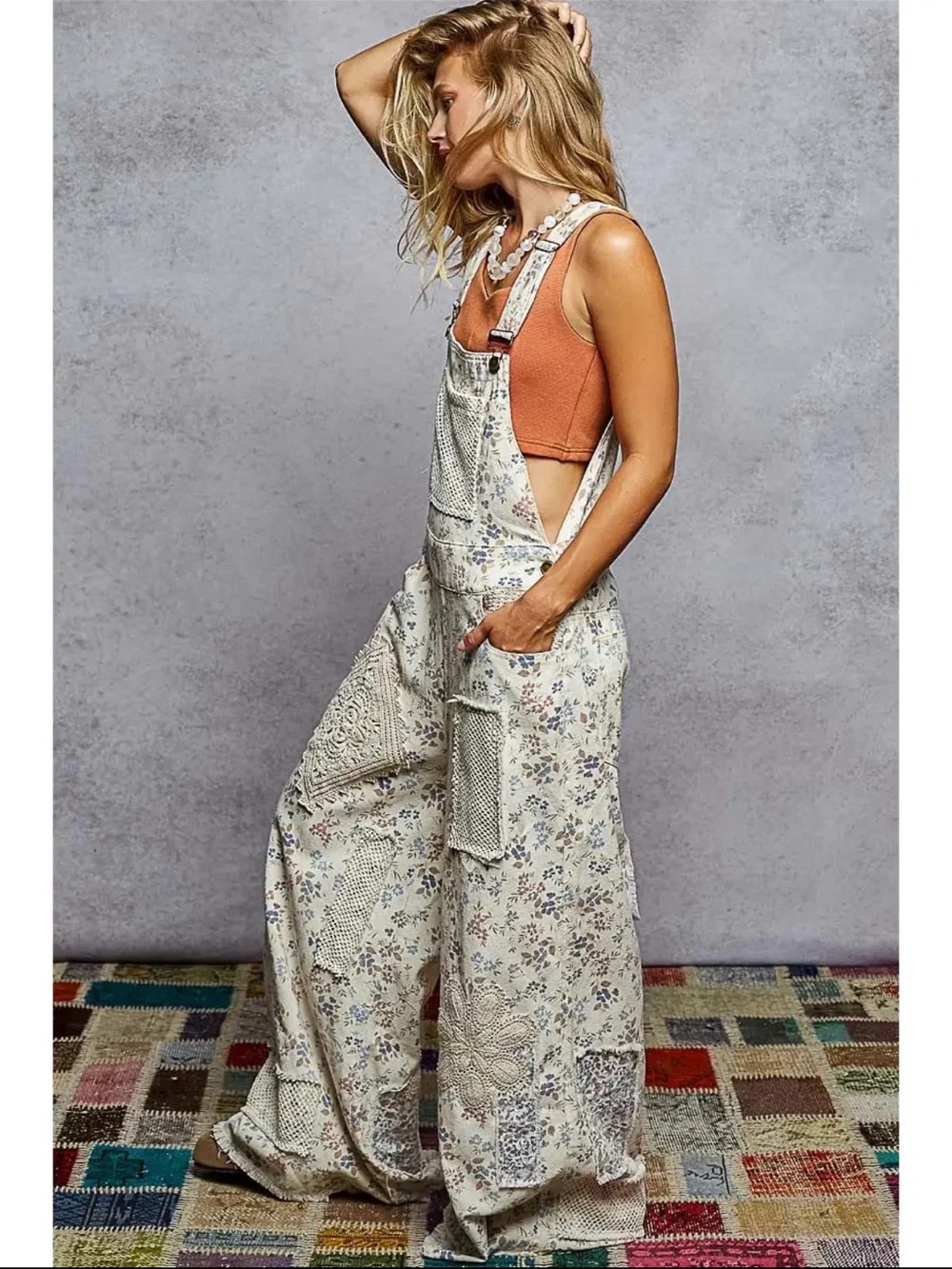 NWT POL Touch of Flowers Crochet Patch Overalls, Cream Floral Patchwork - Picture 13 of 15